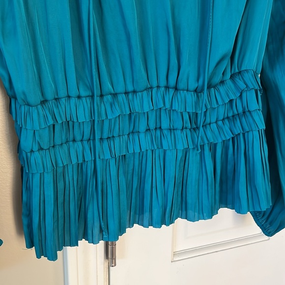 Current Air Anthropologie Satin Ruffle Pleated Cinch Waist Blouse Long Sleeve - Picture 3 of 7